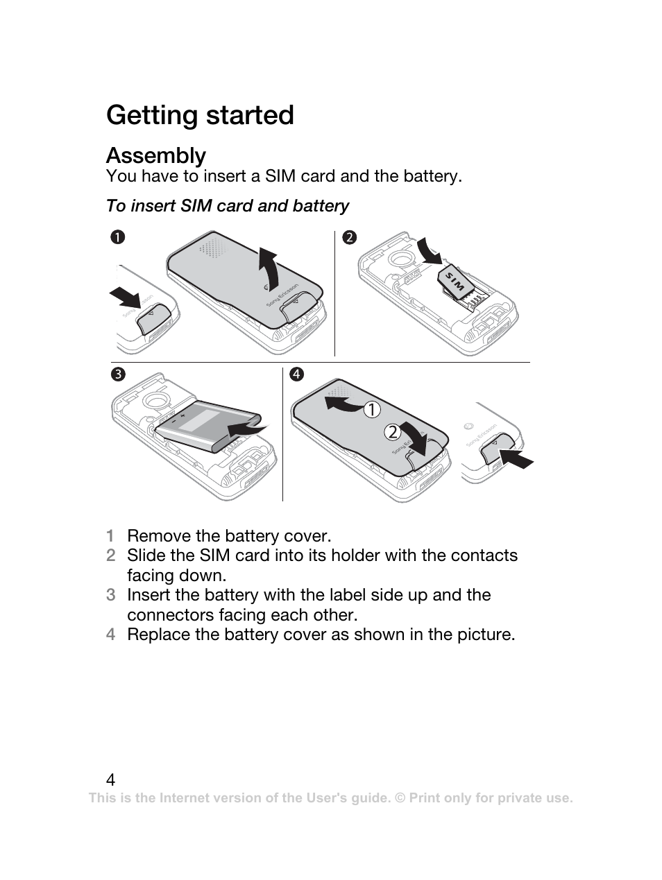 Getting started, Assembly | Sony Ericsson J120 User Manual | Page 5 / 74