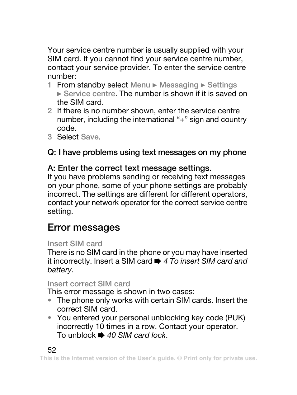 Error messages | Sony Ericsson J120 User Manual | Page 53 / 74