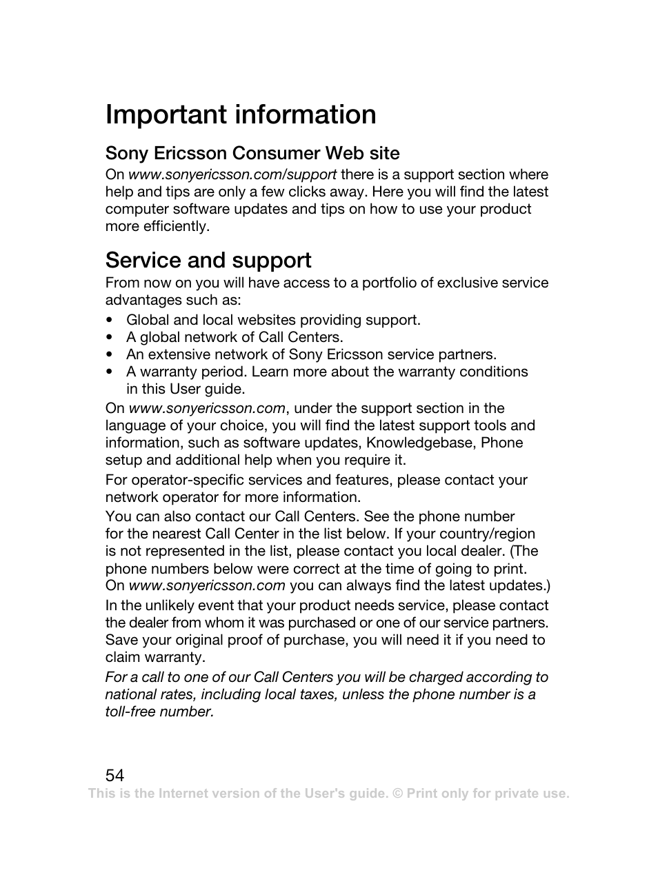 Important information, Service and support | Sony Ericsson J120 User Manual | Page 55 / 74