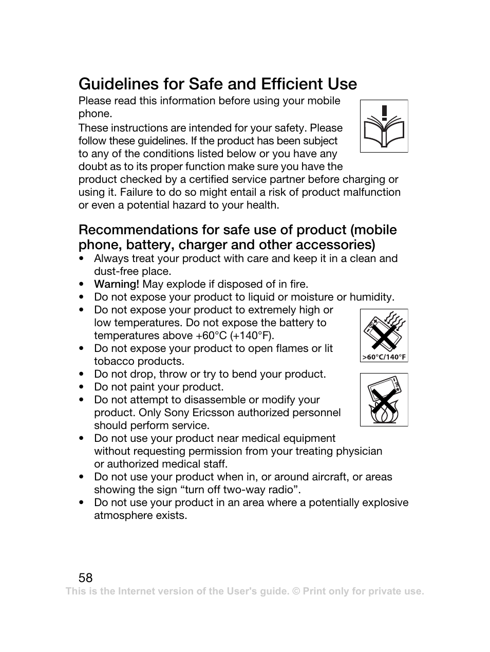 Guidelines for safe and efficient use | Sony Ericsson J120 User Manual | Page 59 / 74