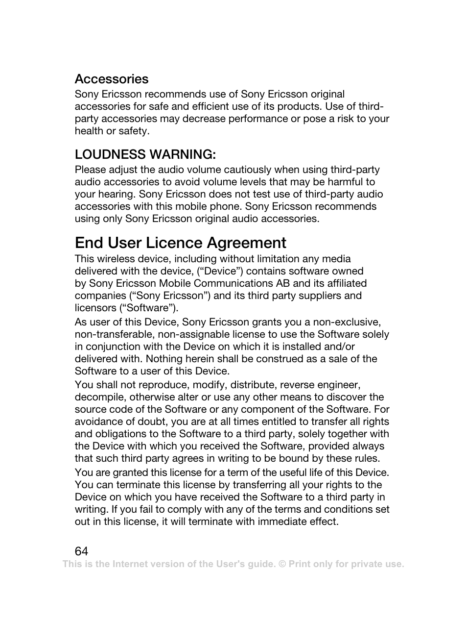 End user licence agreement | Sony Ericsson J120 User Manual | Page 65 / 74