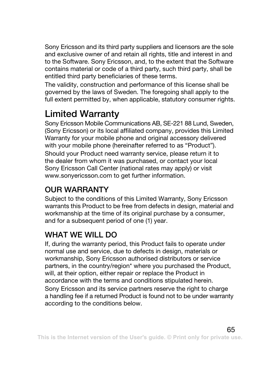 Limited warranty | Sony Ericsson J120 User Manual | Page 66 / 74