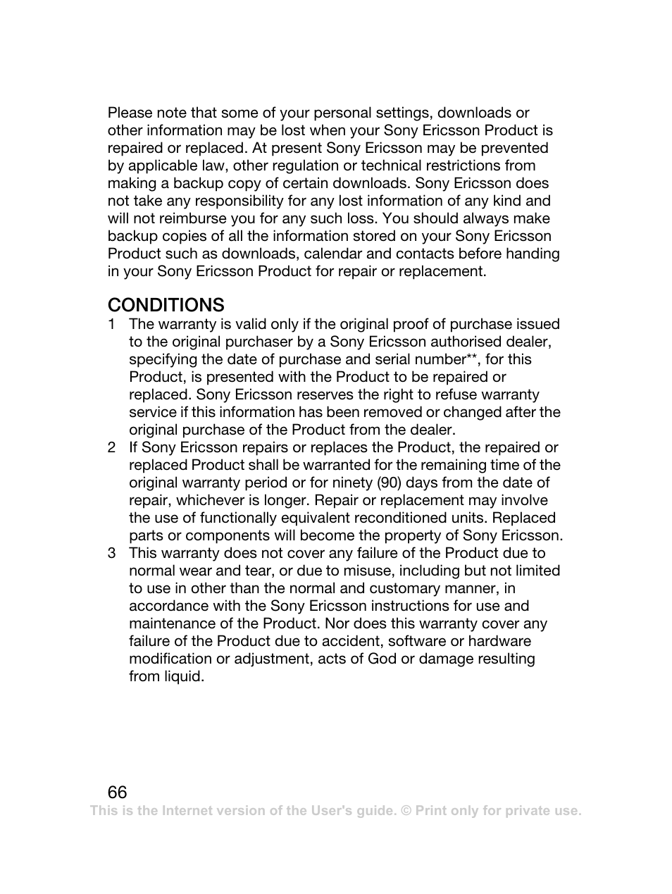 Conditions | Sony Ericsson J120 User Manual | Page 67 / 74