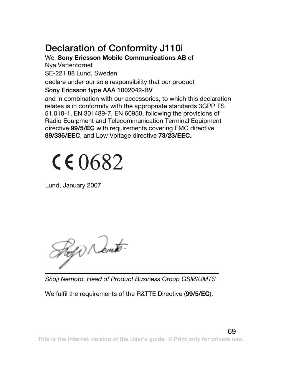 Declaration of conformity j110i | Sony Ericsson J120 User Manual | Page 70 / 74