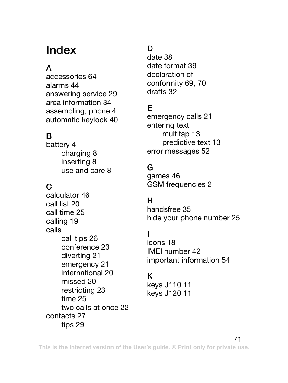 Index | Sony Ericsson J120 User Manual | Page 72 / 74