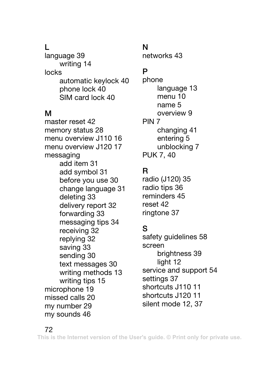 Sony Ericsson J120 User Manual | Page 73 / 74