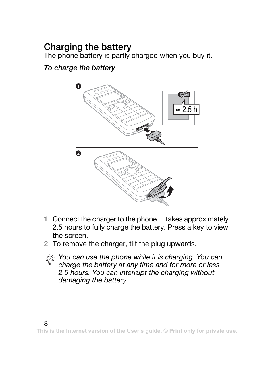 Charging the battery | Sony Ericsson J120 User Manual | Page 9 / 74