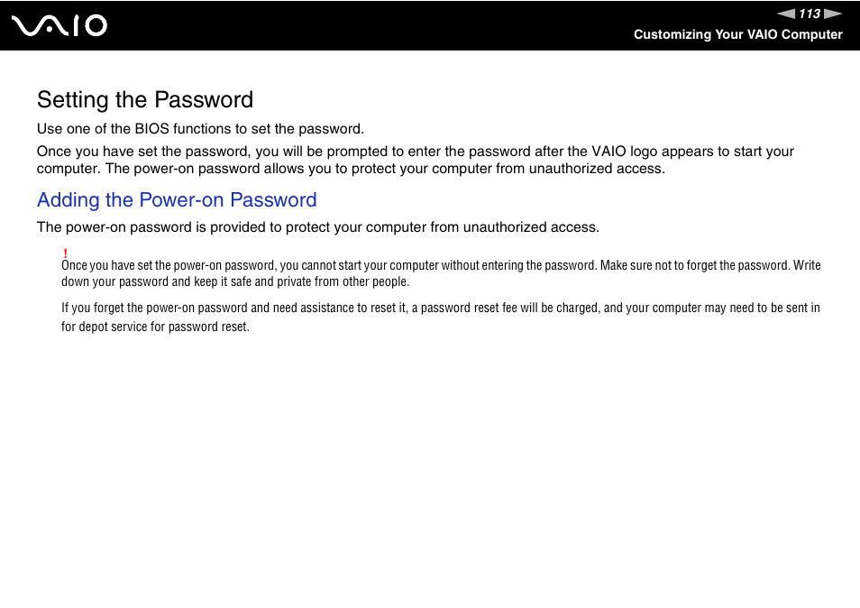 Setting the password, Adding the power-on password | Sony Ericsson VGN-AR500 User Manual | Page 113 / 206