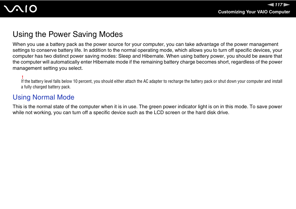 Using the power saving modes, Using normal mode | Sony Ericsson VGN-AR500 User Manual | Page 117 / 206