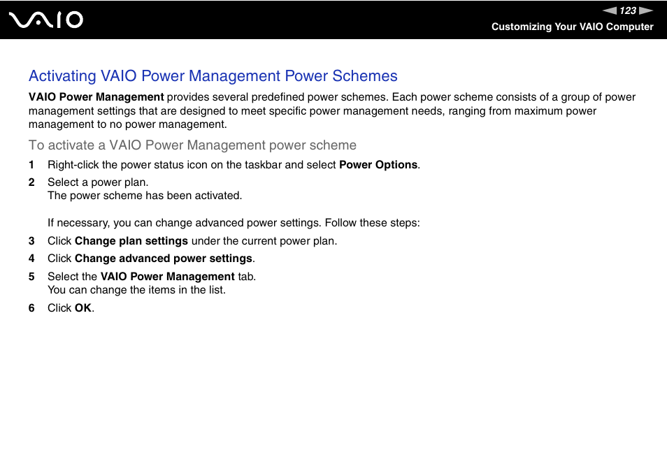 Activating vaio power management power schemes | Sony Ericsson VGN-AR500 User Manual | Page 123 / 206