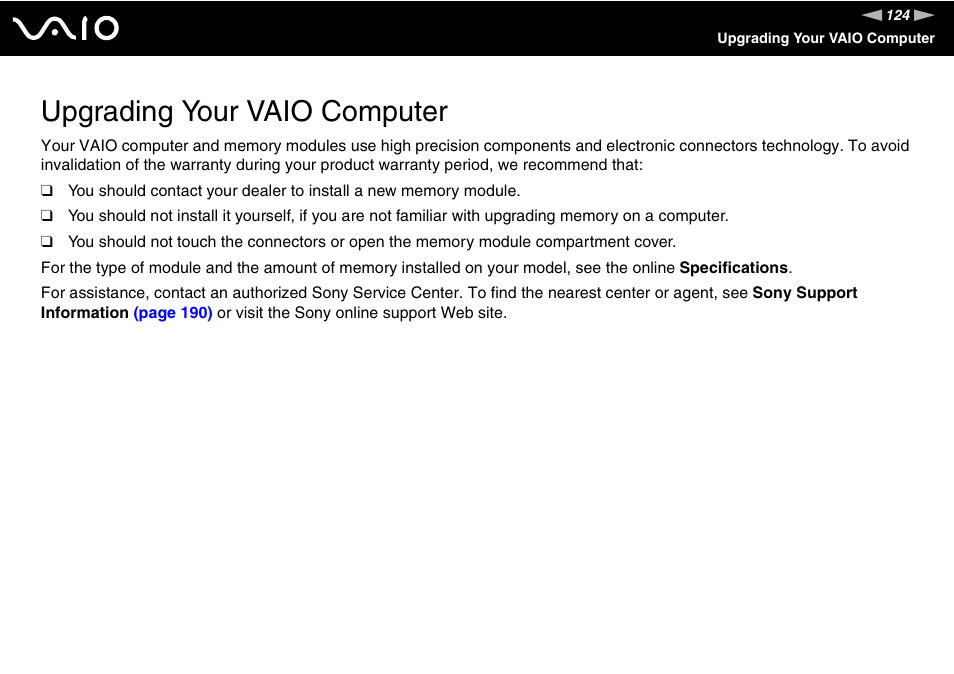 Upgrading your vaio computer | Sony Ericsson VGN-AR500 User Manual | Page 124 / 206