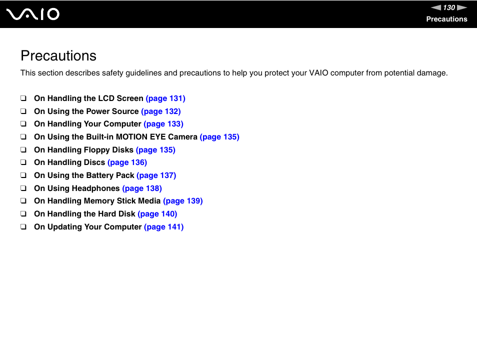 Precautions | Sony Ericsson VGN-AR500 User Manual | Page 130 / 206