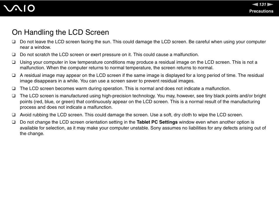 On handling the lcd screen | Sony Ericsson VGN-AR500 User Manual | Page 131 / 206