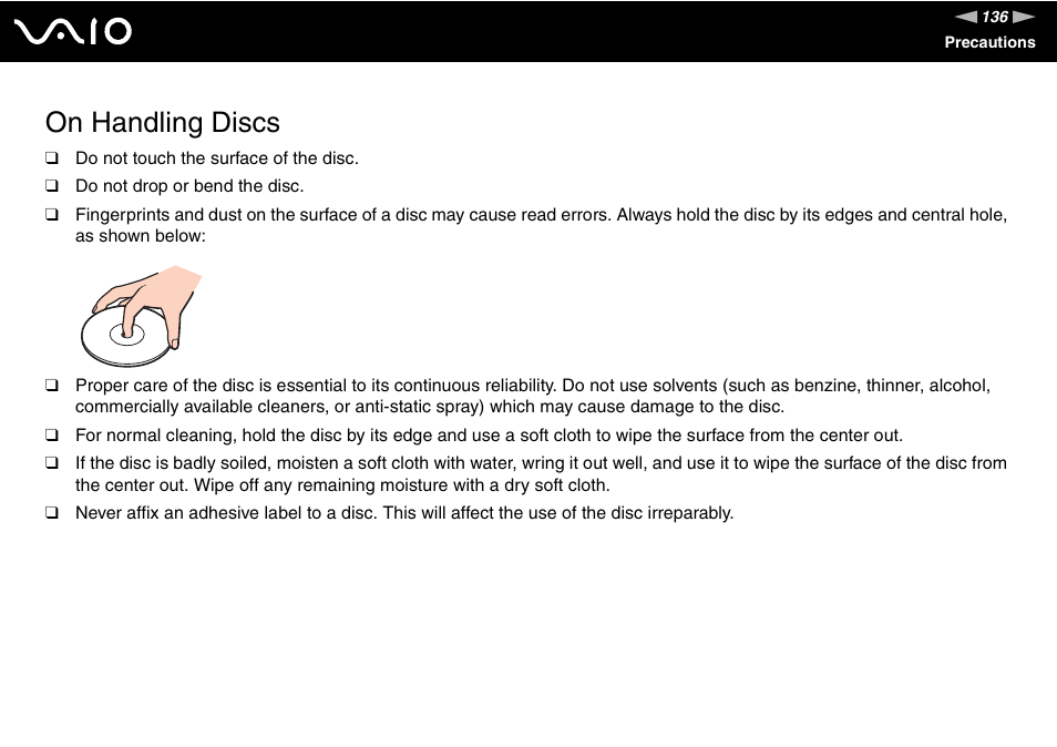 On handling discs | Sony Ericsson VGN-AR500 User Manual | Page 136 / 206