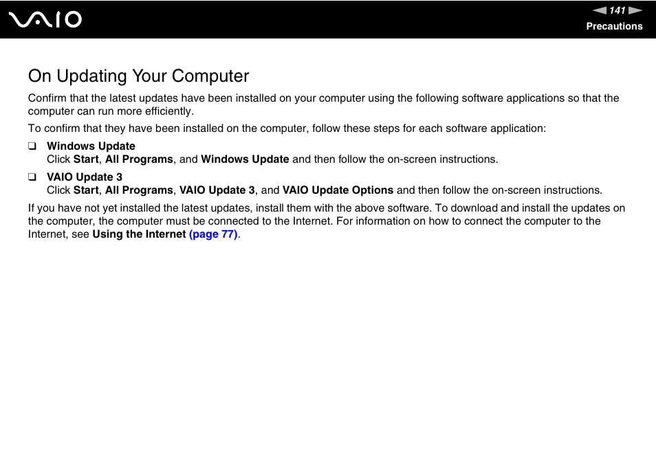 On updating your computer | Sony Ericsson VGN-AR500 User Manual | Page 141 / 206