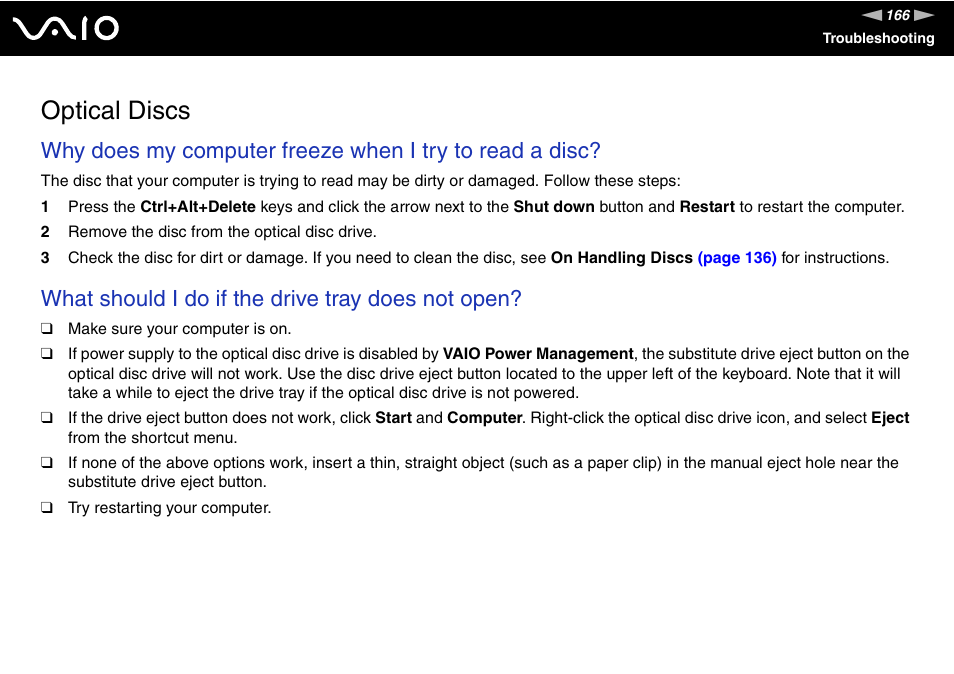 Optical discs, What should i do if the drive tray does not open | Sony Ericsson VGN-AR500 User Manual | Page 166 / 206