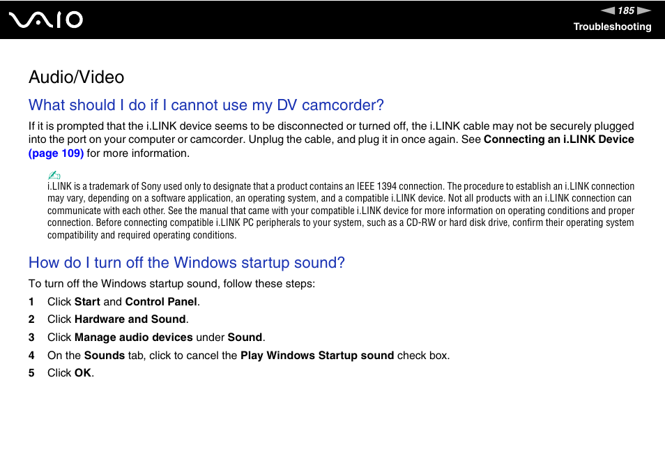 Audio/video, What should i do if i cannot use my dv camcorder, How do i turn off the windows startup sound | Sony Ericsson VGN-AR500 User Manual | Page 185 / 206