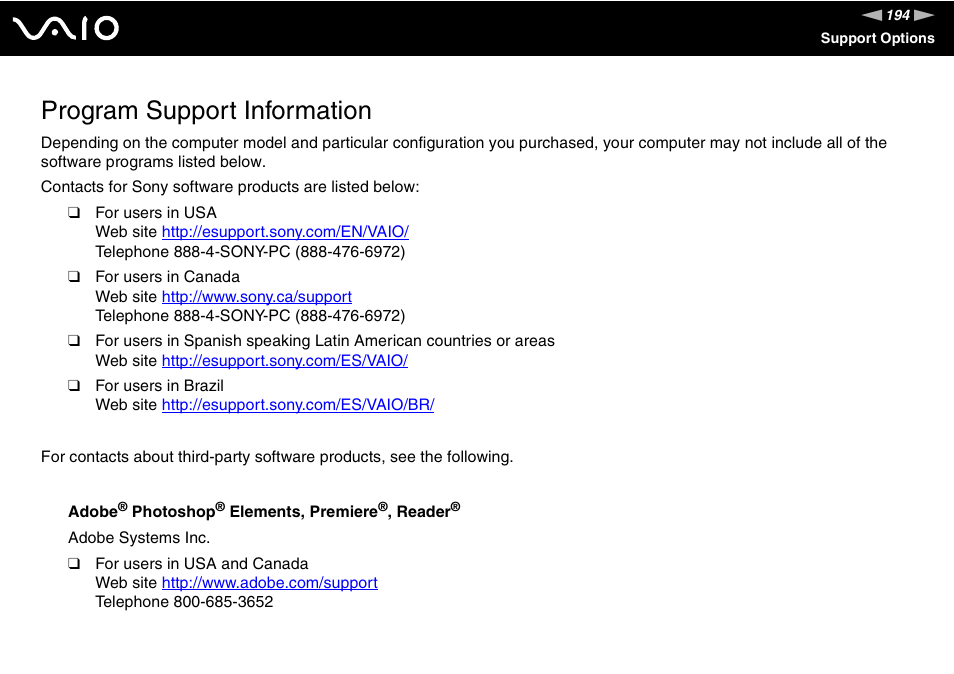 Program support information | Sony Ericsson VGN-AR500 User Manual | Page 194 / 206