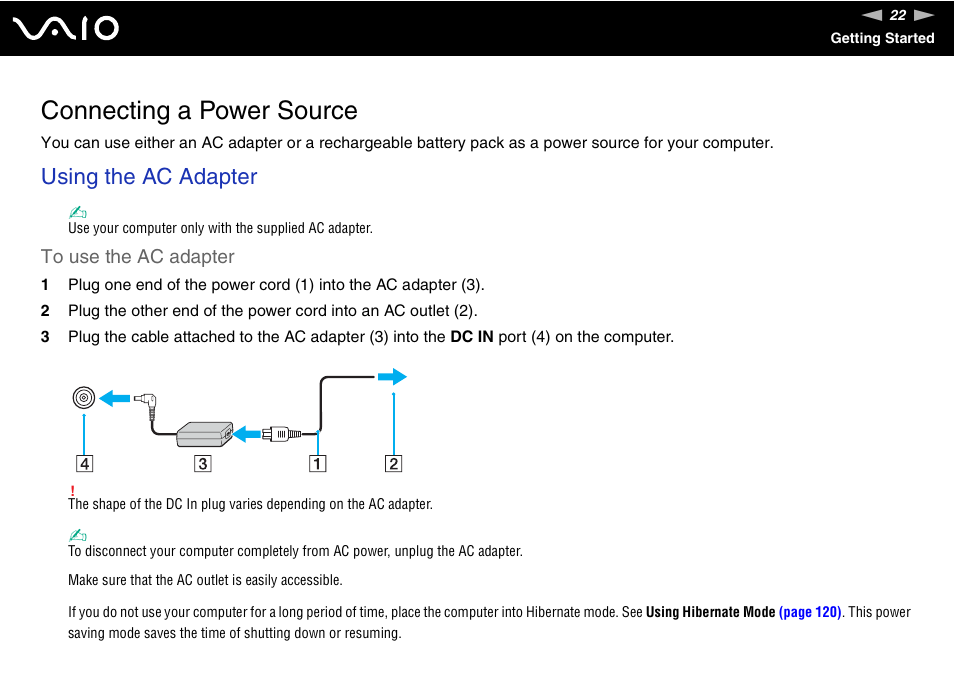 Connecting a power source, Using the ac adapter | Sony Ericsson VGN-AR500 User Manual | Page 22 / 206