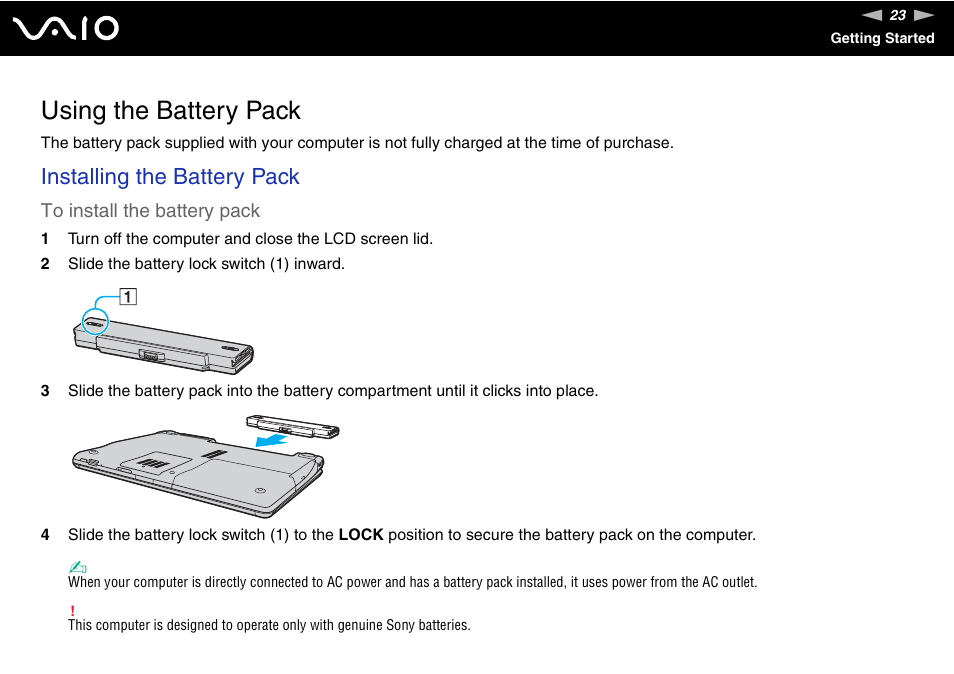 Using the battery pack, Installing the battery pack | Sony Ericsson VGN-AR500 User Manual | Page 23 / 206