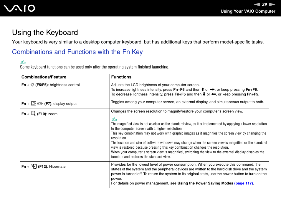 Using the keyboard, Combinations and functions with the fn key | Sony Ericsson VGN-AR500 User Manual | Page 29 / 206