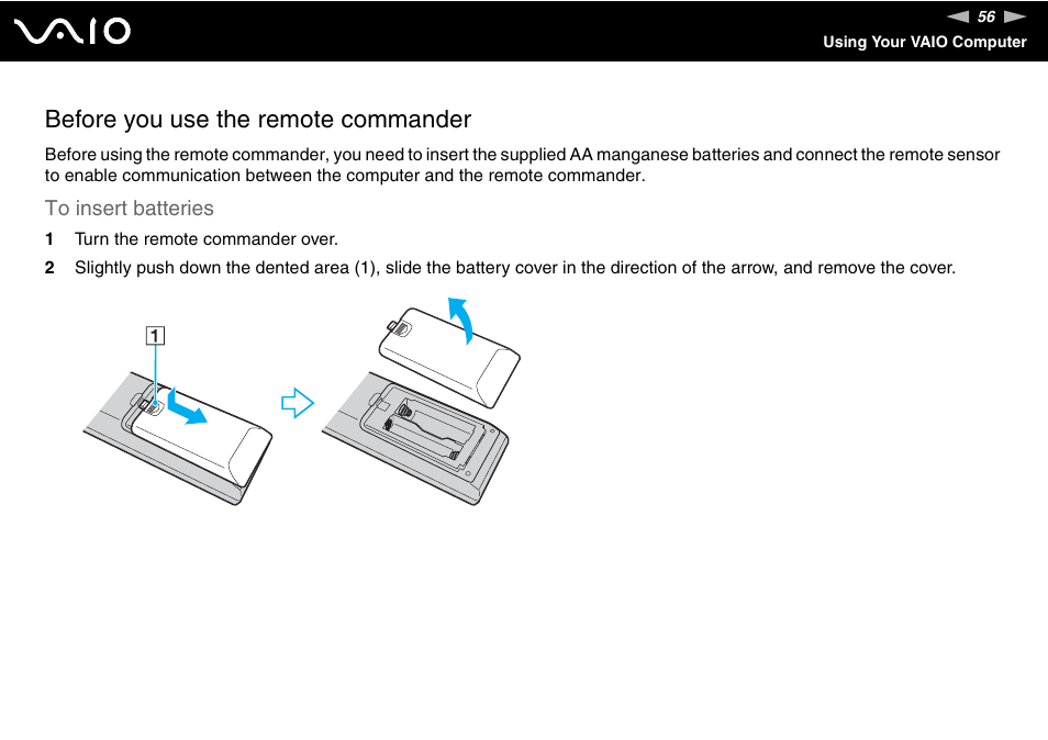 Before you use the remote commander | Sony Ericsson VGN-AR500 User Manual | Page 56 / 206