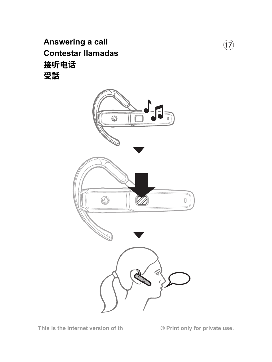 Answering a call contestar llamadas 接听电话 受話 | Sony Ericsson HBH-610a User Manual | Page 18 / 35