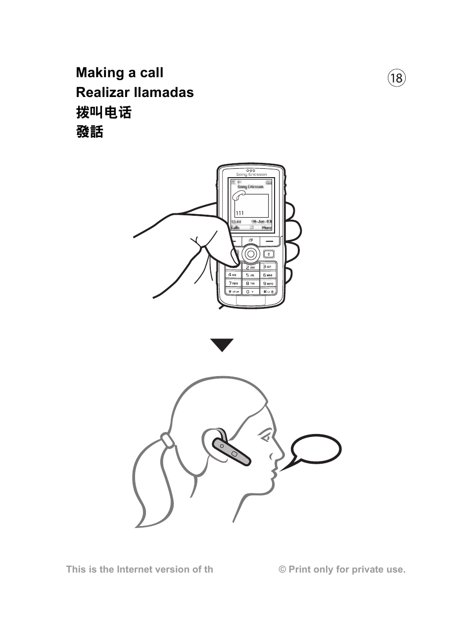 Making a call realizar llamadas 拨叫电话 發話 | Sony Ericsson HBH-610a User Manual | Page 19 / 35