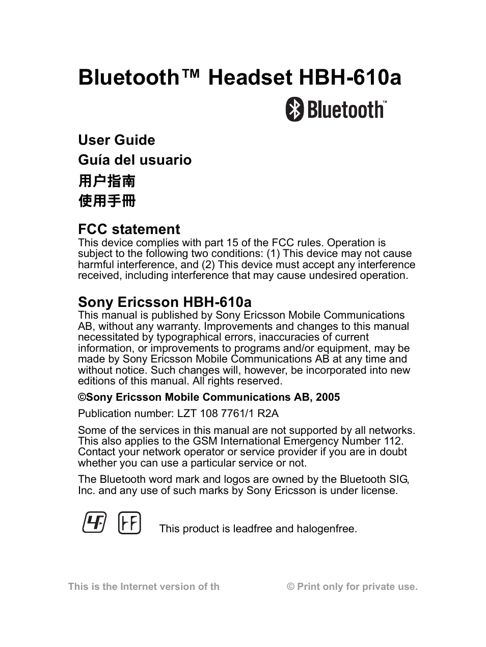 Bluetooth™ headset hbh-610a, Sony ericsson hbh-610a | Sony Ericsson HBH-610a User Manual | Page 2 / 35