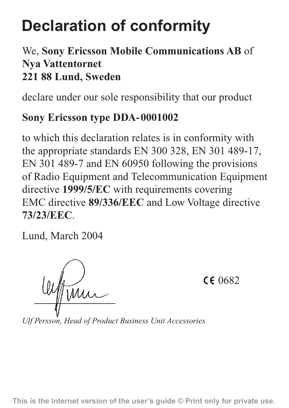 Declaration of conformity | Sony Ericsson HBH-602 User Manual | Page 35 / 36