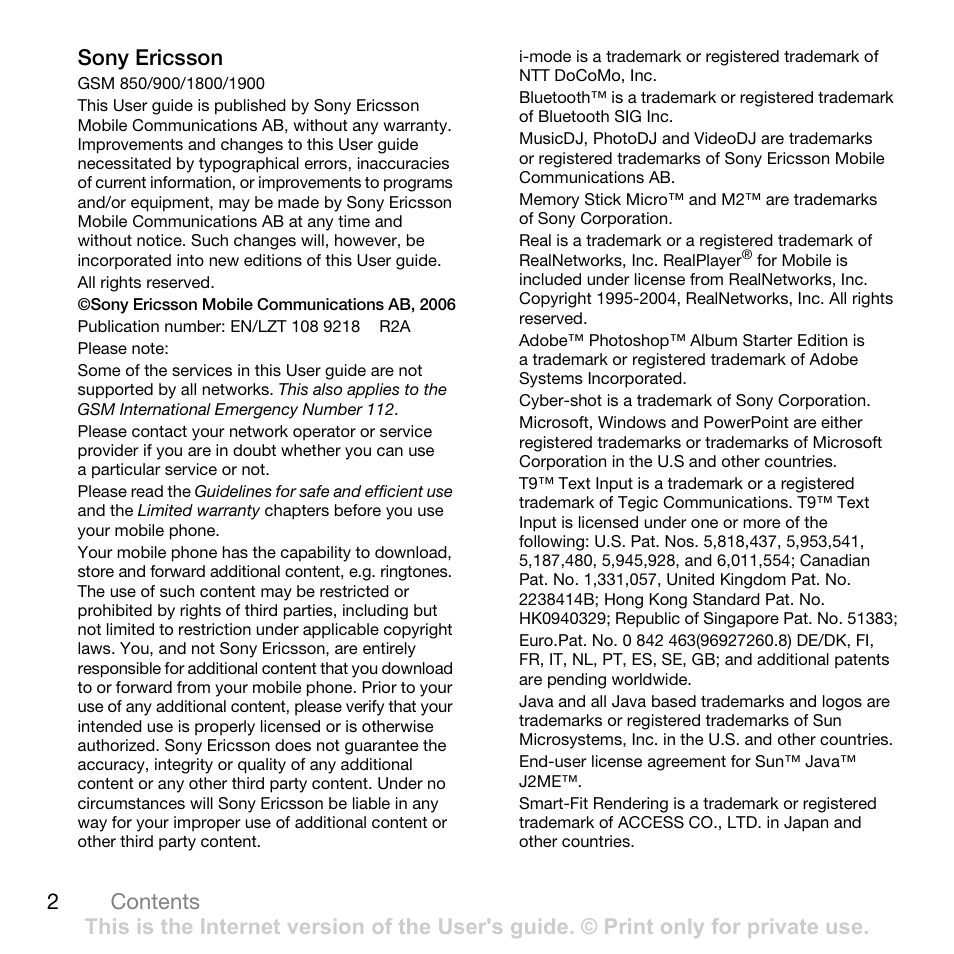 2contents sony ericsson | Sony Ericsson K550im User Manual | Page 2 / 88