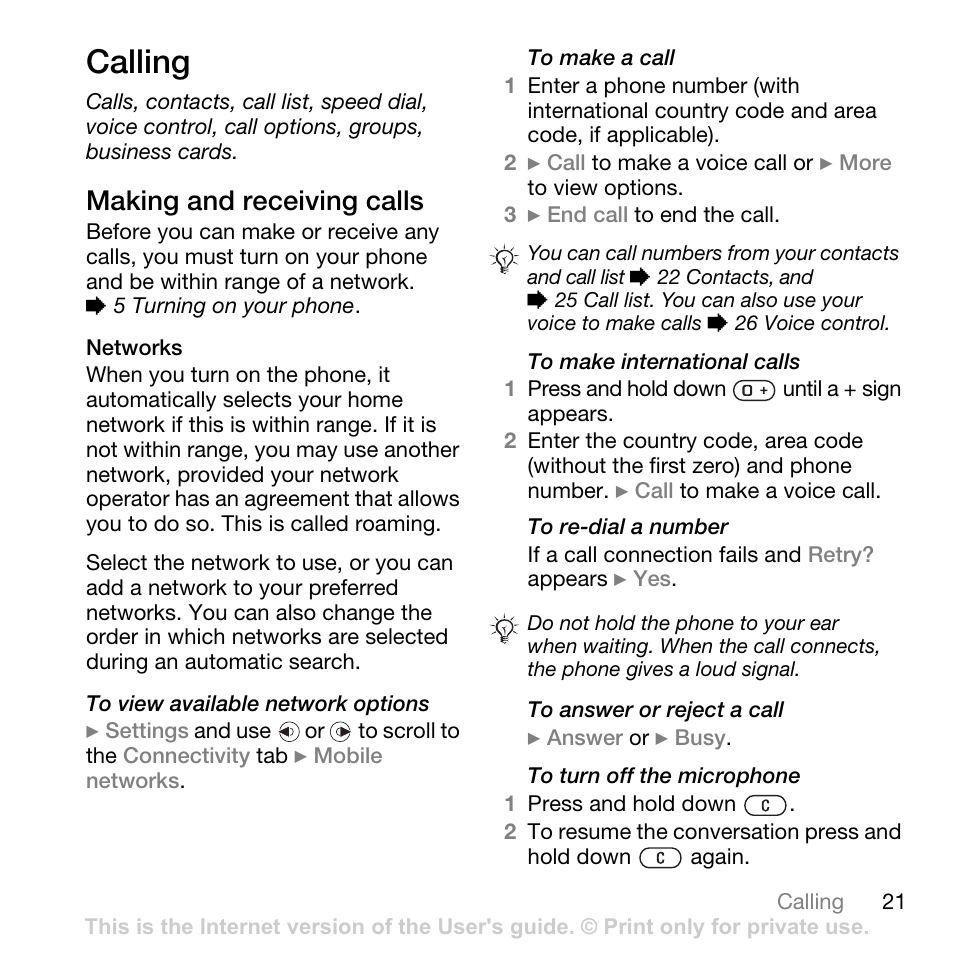 Calling, Making and receiving calls | Sony Ericsson K550im User Manual | Page 21 / 88