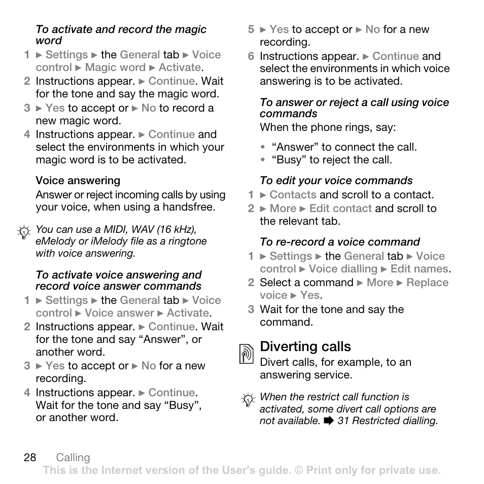 Diverting calls | Sony Ericsson K550im User Manual | Page 28 / 88