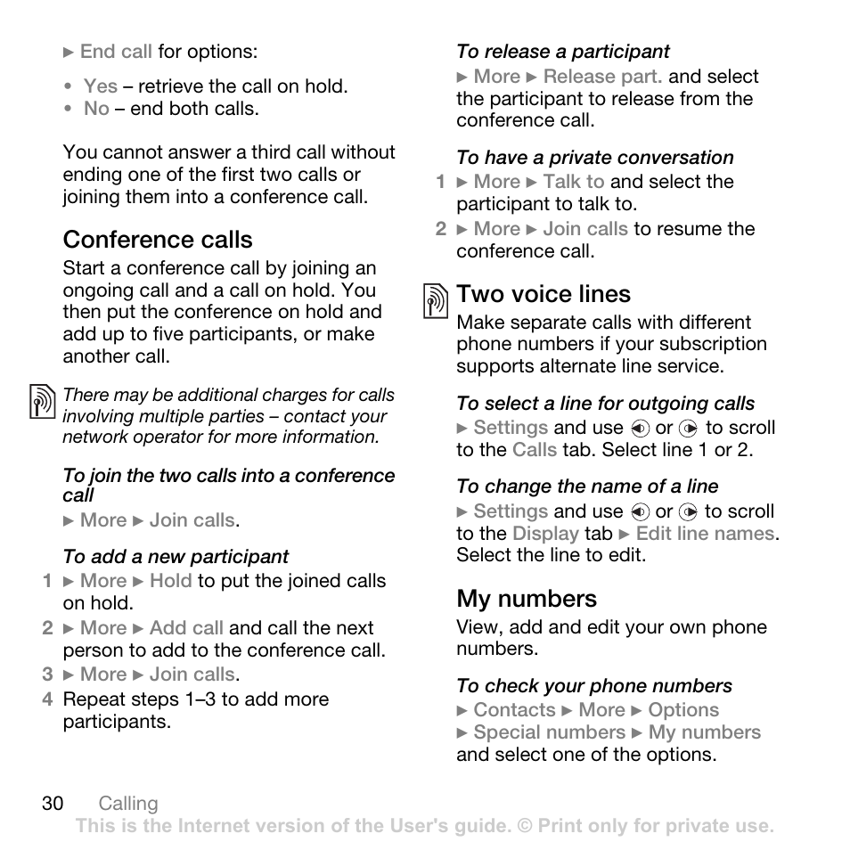 Conference calls, Two voice lines, My numbers | Sony Ericsson K550im User Manual | Page 30 / 88