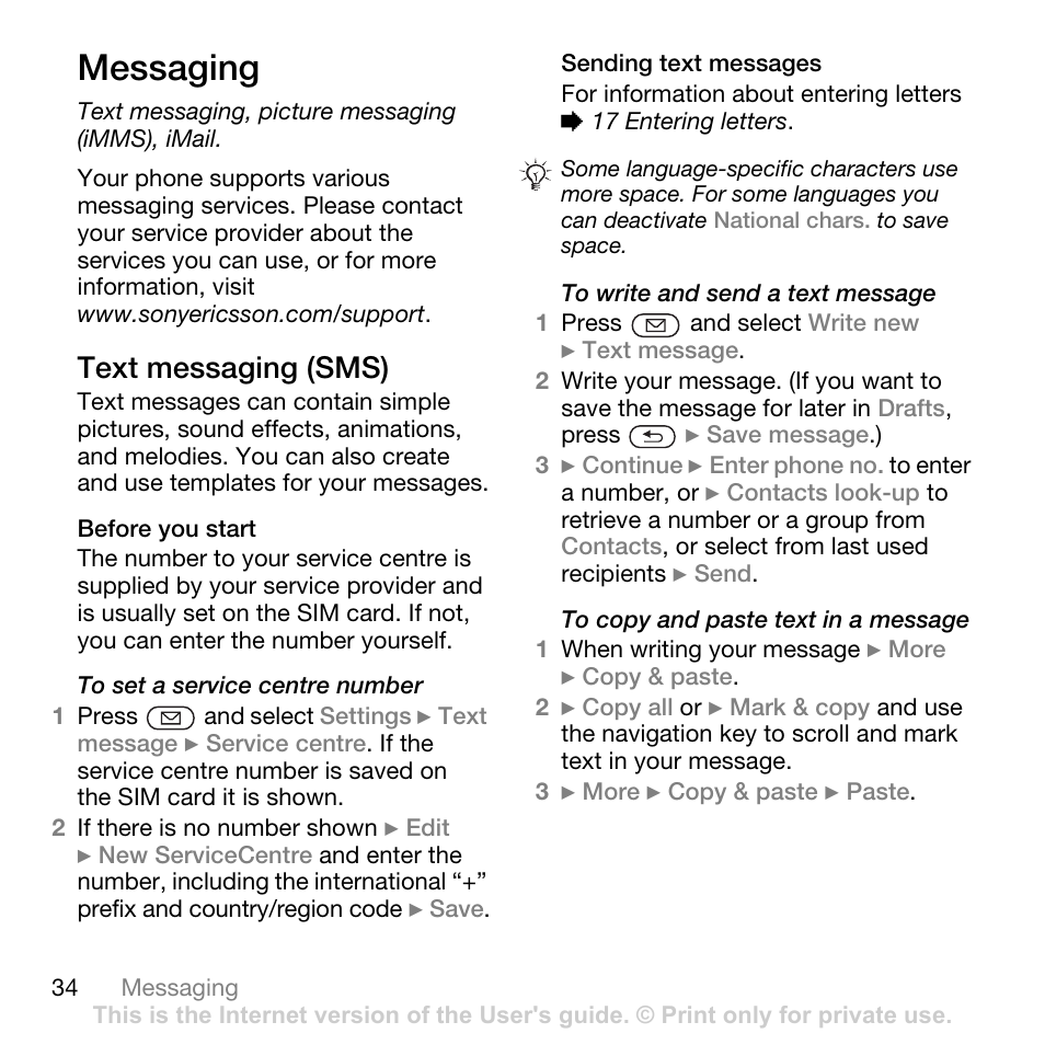 Messaging, Text messaging, picture messaging (imms), imail, 34 messaging | Text messaging (sms) | Sony Ericsson K550im User Manual | Page 34 / 88