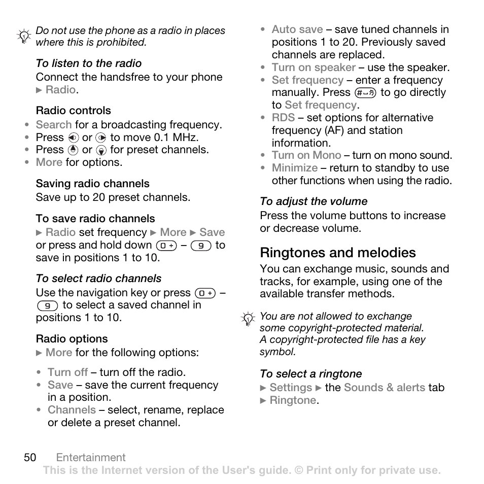 Ringtones and melodies | Sony Ericsson K550im User Manual | Page 50 / 88