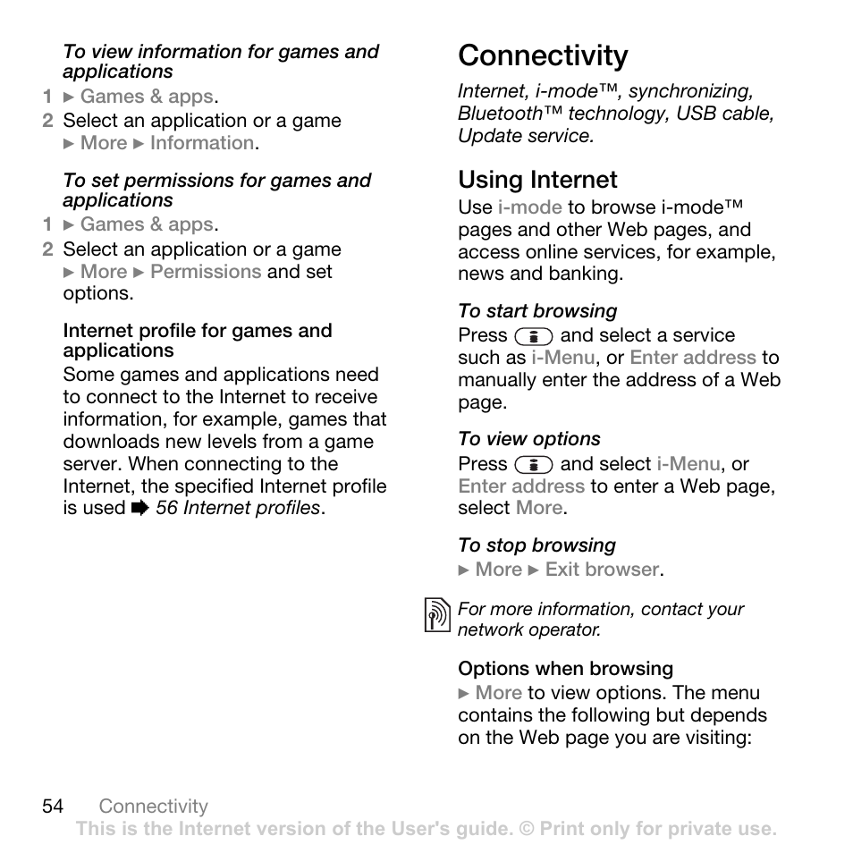 Connectivity, Using internet | Sony Ericsson K550im User Manual | Page 54 / 88