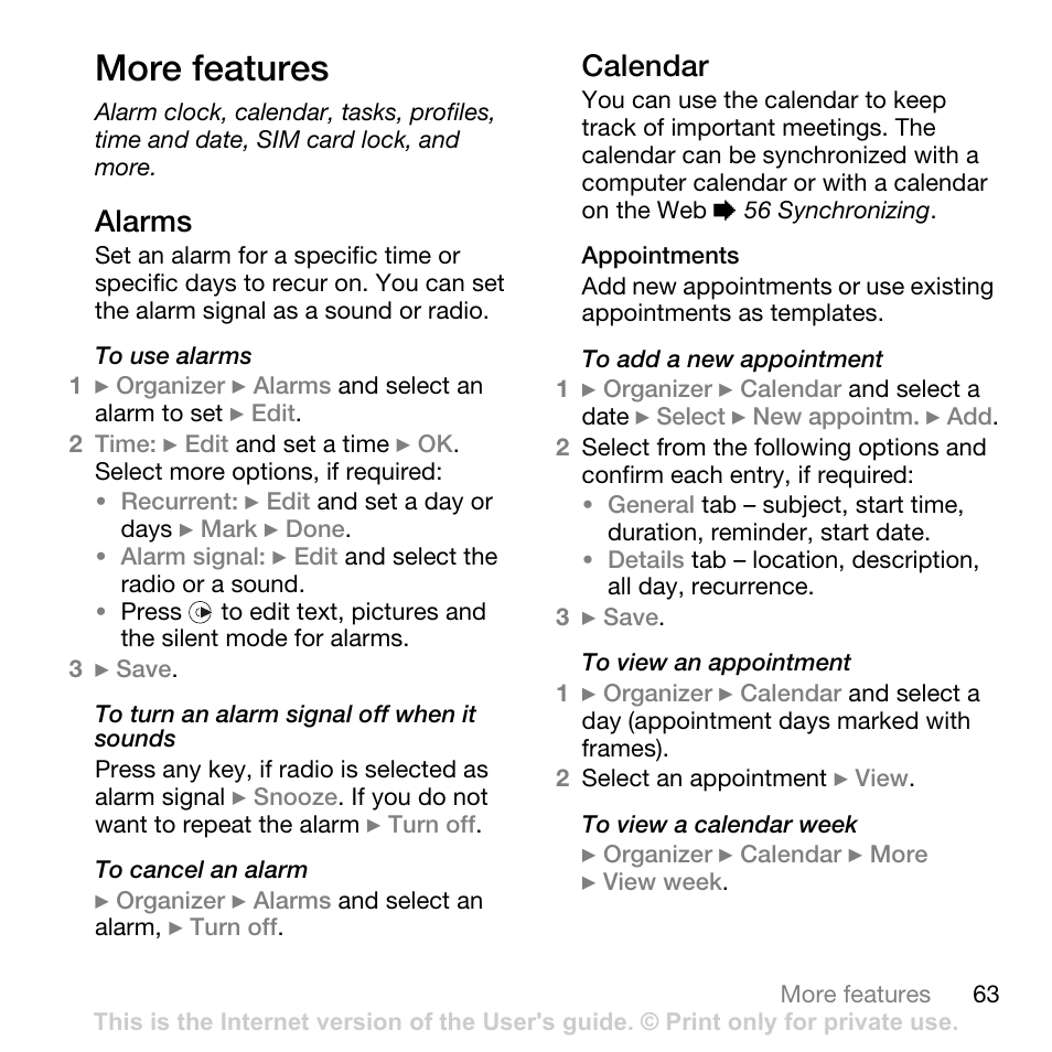 More features, Alarms, Calendar | Sony Ericsson K550im User Manual | Page 63 / 88