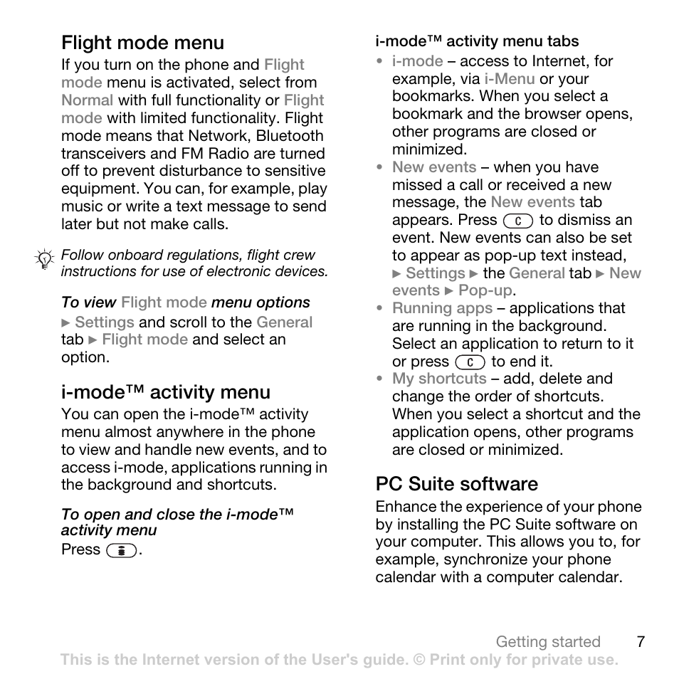 Flight mode menu, I-mode™ activity menu, Pc suite software | Sony Ericsson K550im User Manual | Page 7 / 88