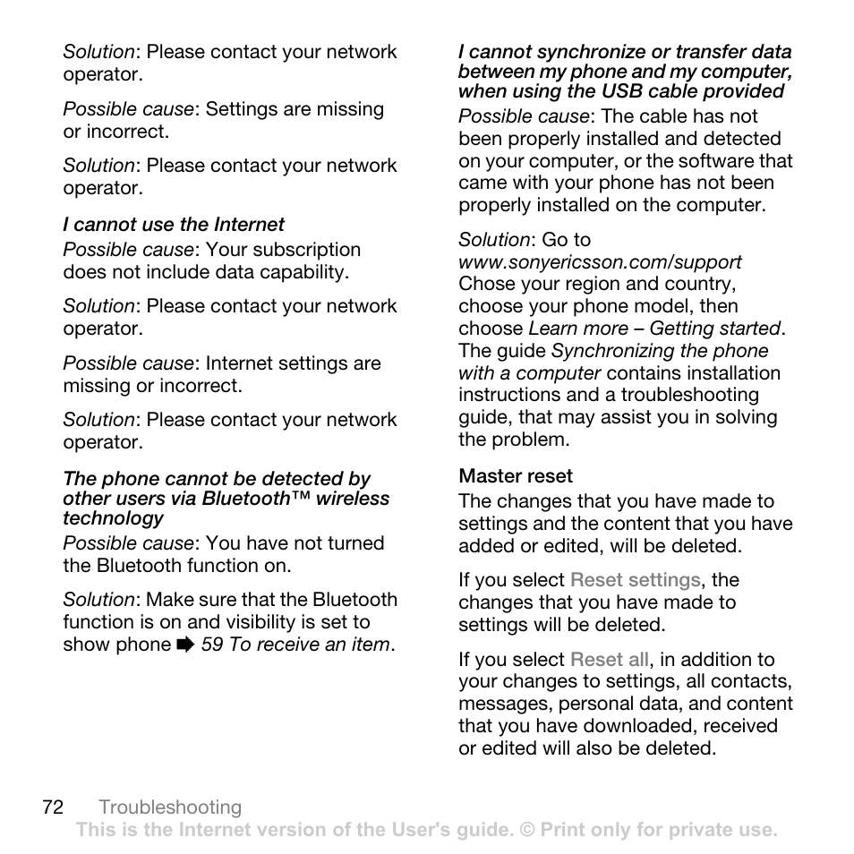 This, 72 master, Reset | Sony Ericsson K550im User Manual | Page 72 / 88