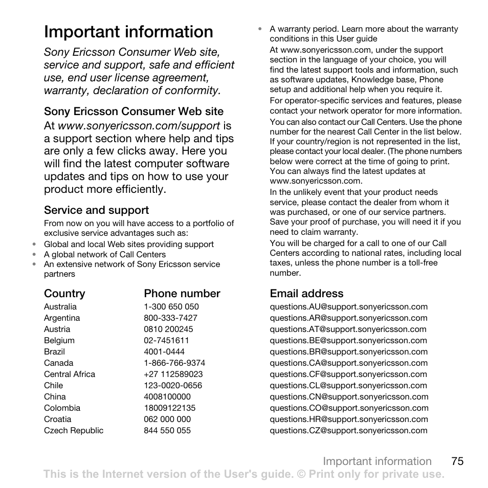 Important information, 75 important information, Country phone number email address | Sony Ericsson K550im User Manual | Page 75 / 88