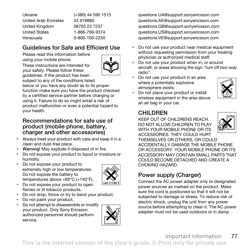 77 important information, Guidelines for safe and efficient use, Children | Power supply (charger) | Sony Ericsson K550im User Manual | Page 77 / 88