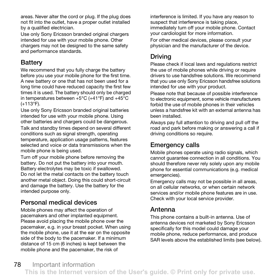 78 battery | Sony Ericsson K550im User Manual | Page 78 / 88