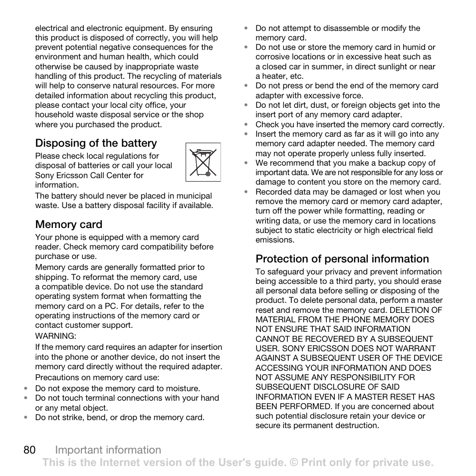 80 important information, Disposing of the battery, Protection of personal information | Sony Ericsson K550im User Manual | Page 80 / 88