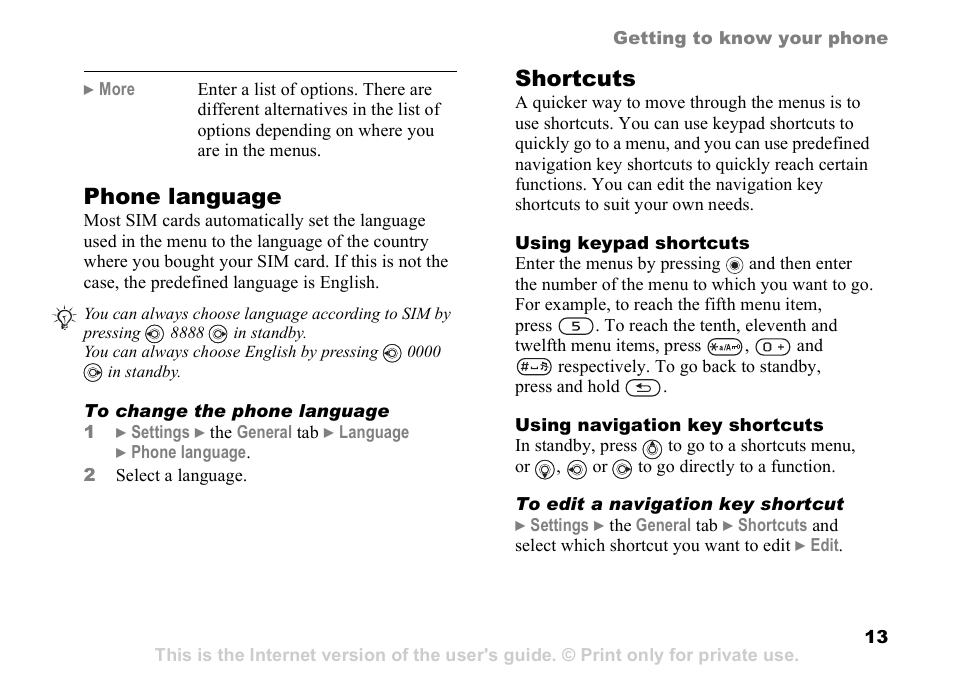 Phone language, Shortcuts | Sony Ericsson D750i User Manual | Page 13 / 101