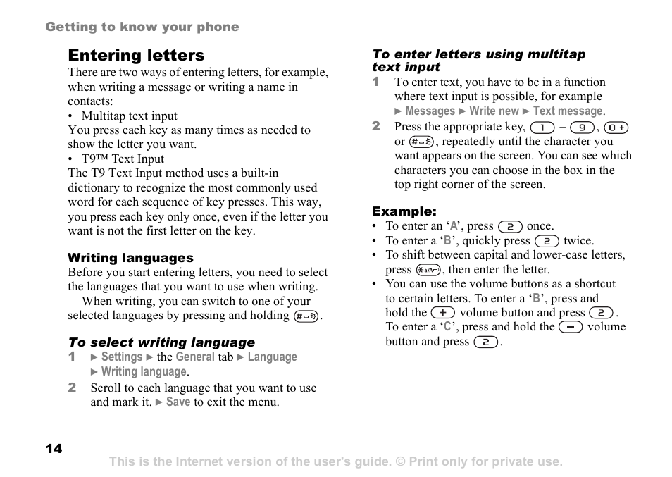 Entering letters | Sony Ericsson D750i User Manual | Page 14 / 101