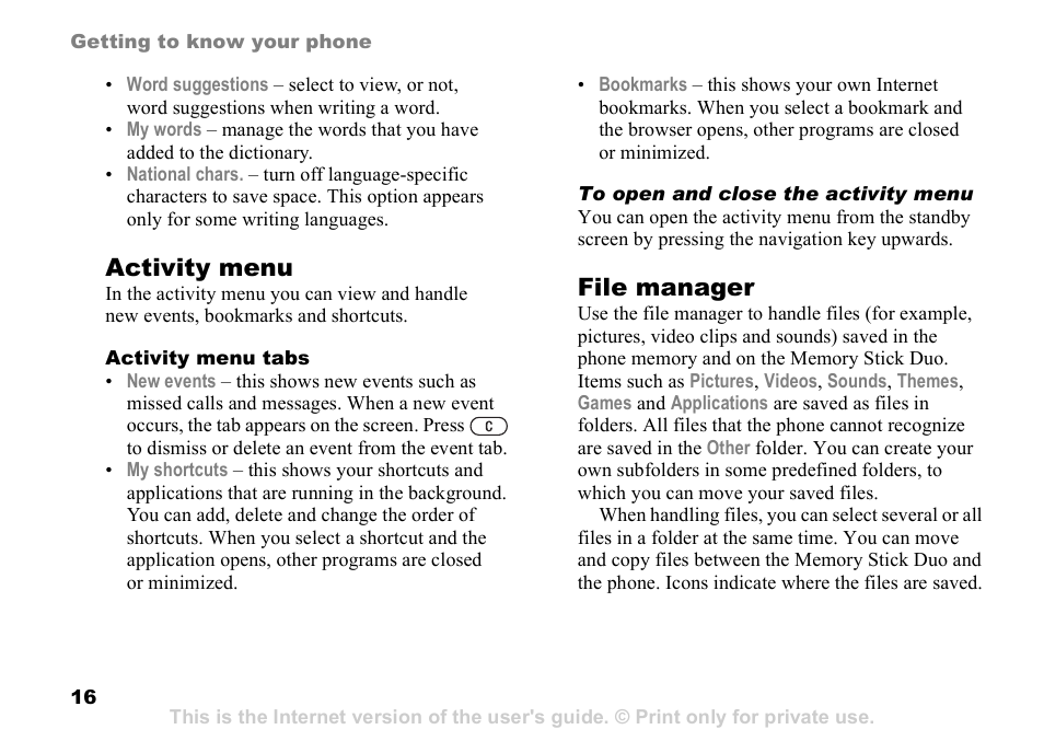 16 file manager, Activity menu, File manager | Sony Ericsson D750i User Manual | Page 16 / 101