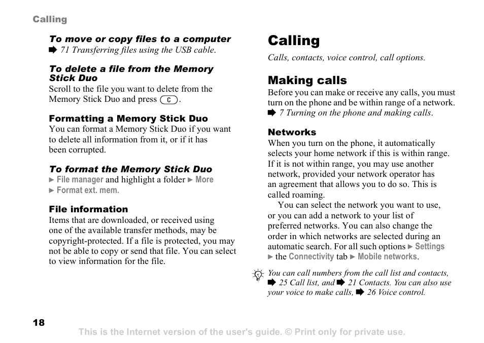 Calling, Making calls | Sony Ericsson D750i User Manual | Page 18 / 101