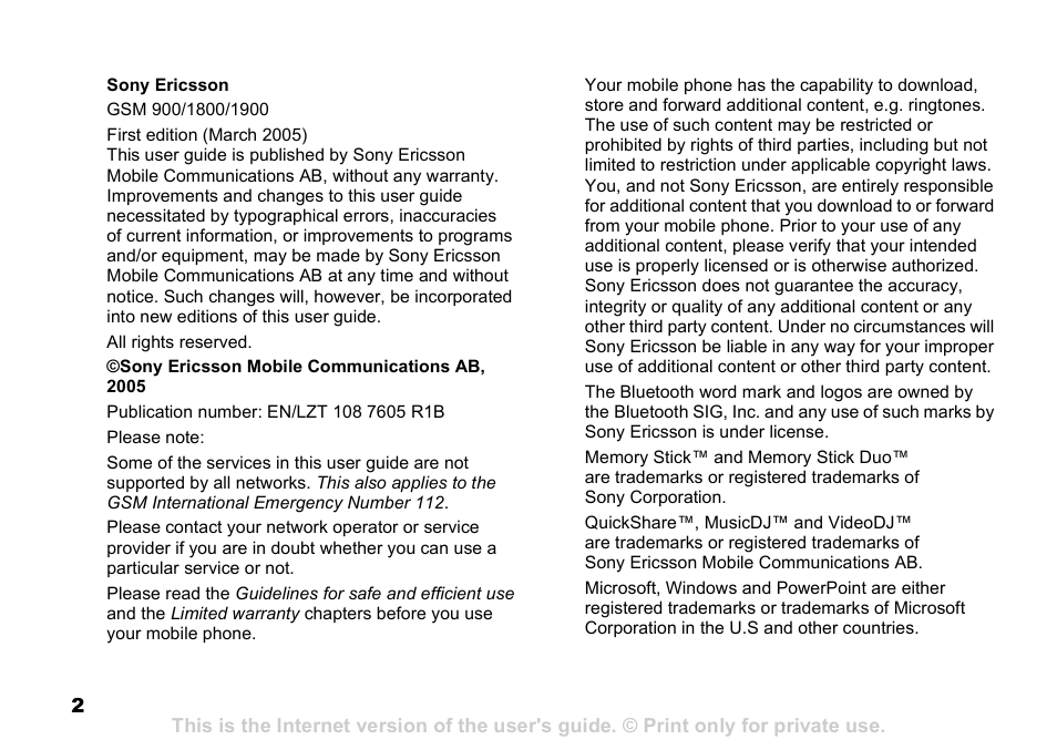 Sony Ericsson D750i User Manual | Page 2 / 101