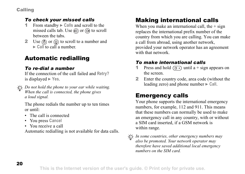 Automatic redialling, Making international calls, Emergency calls | Sony Ericsson D750i User Manual | Page 20 / 101